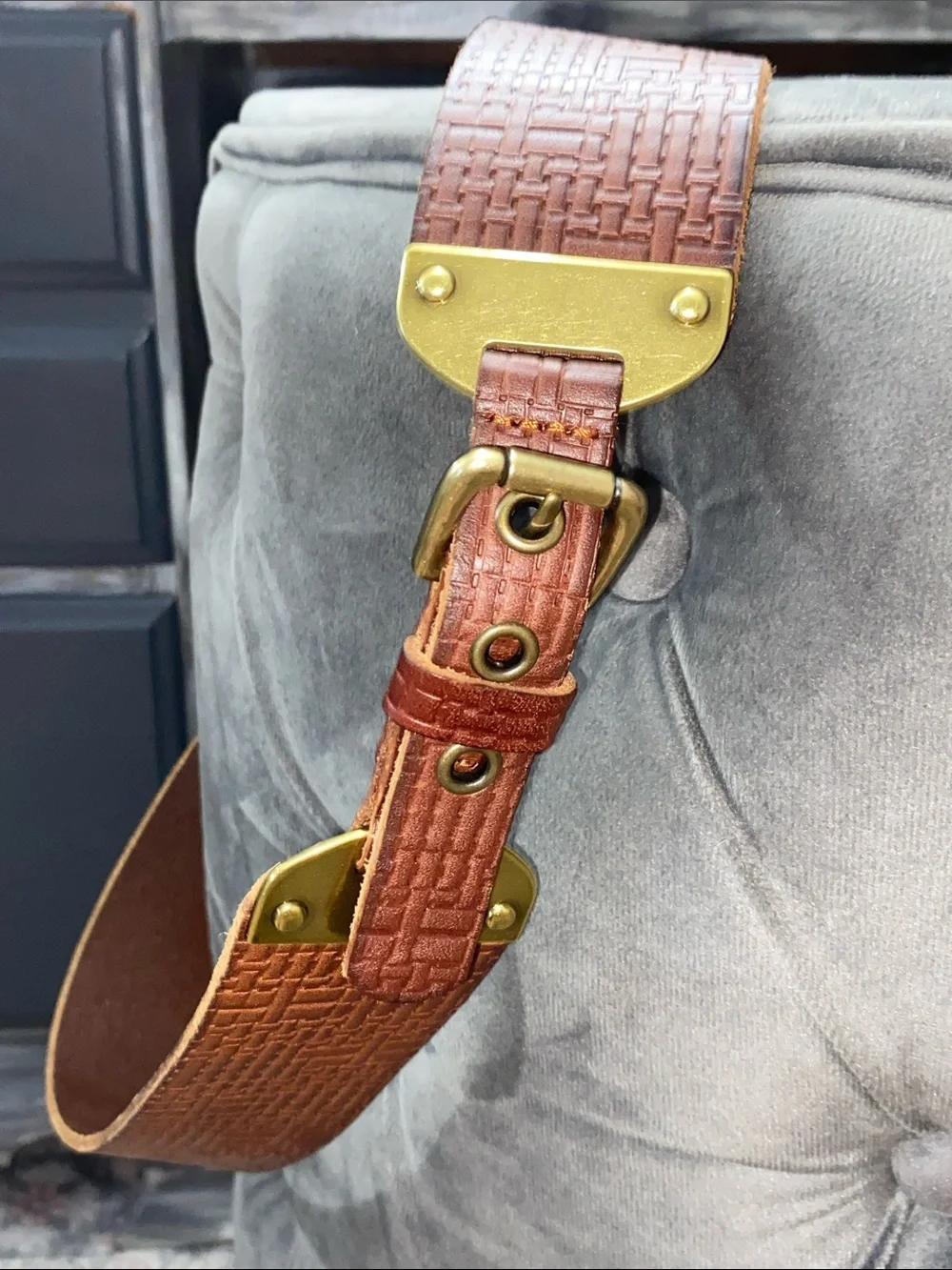 Vintage Fossil Brown Basketweave Leather Belt with Chunky Brass Hardware